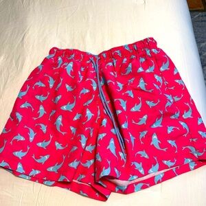 Happy Hour Swim Trunks Men Small Pink Sharks Mesh Lined Shorts Elastic Waist